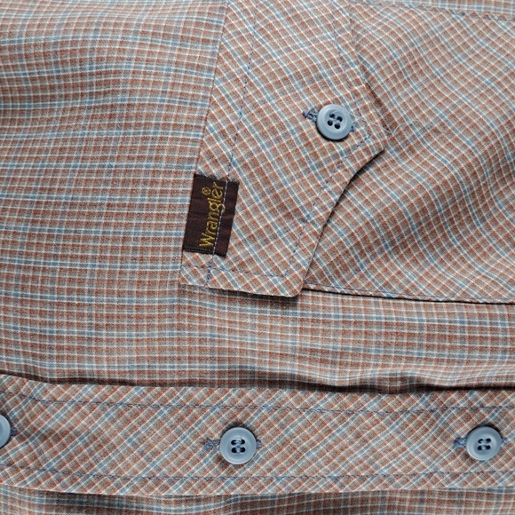 Vintage Wrangler brown & blue plaid western casual button-up short sleeve shirt - Picture 5 of 6